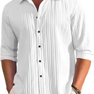 finivo fashion men's casual cotton plain button down shirt long sleeve textured summer beach shirt for men